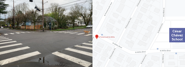 Left: an image of an intersection with marked zebra crosswalks at all four crossings. Right: A map showing Willis Blvd near the Cesar Chavez school.