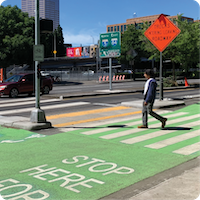 A person is crossing at a crosswalk which intersects with a bright green bike lane with the words "STOP HERE FOR PEDS" on the pavement.